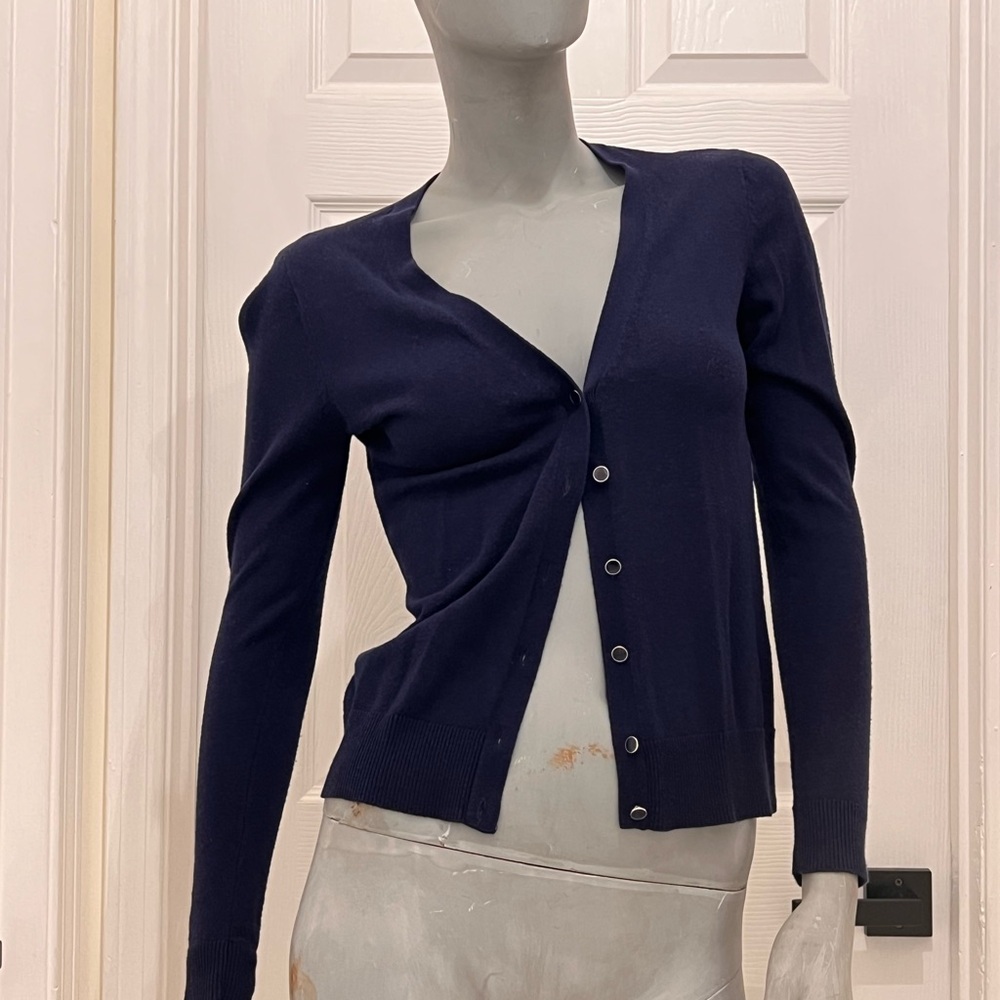 New York & Company Blue Cardigan Sweater Fitted Knit